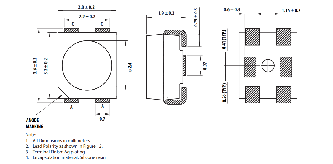 Mechanical Drawing - Broadcom ASMT-QxBD Super 0.5W Surface Mount LED Indicators Mechanical Drawing - Broadcom ASMT-QxBD Super 0.5W Surface Mount LED Indicators
